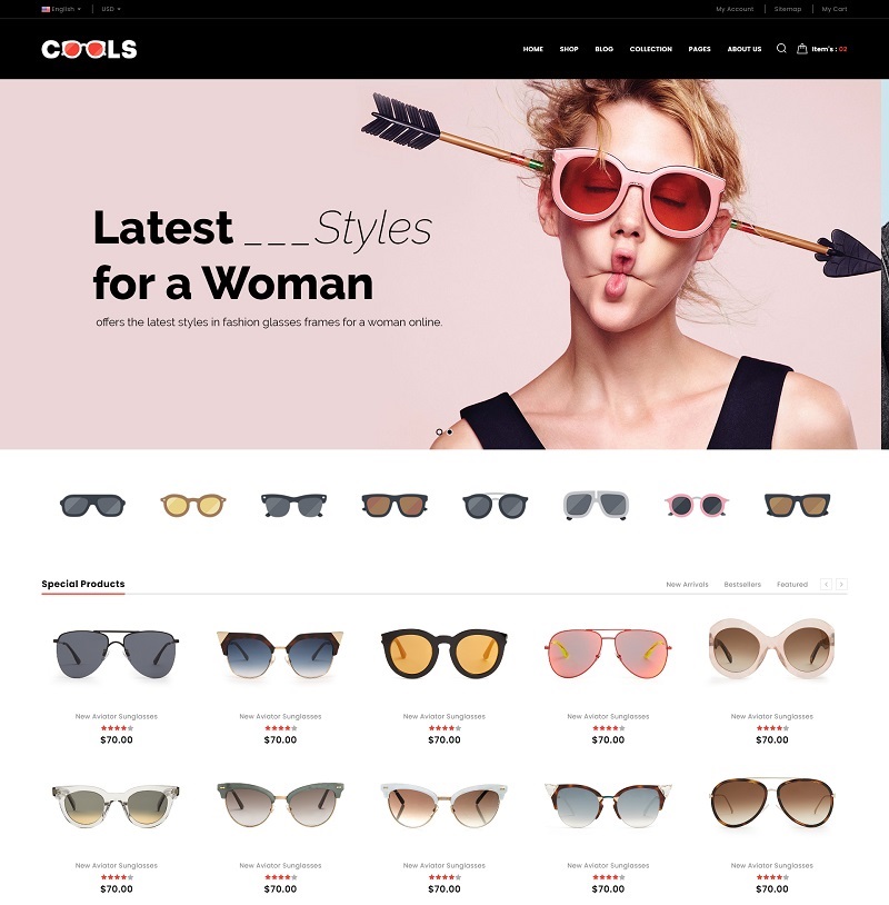 时尚女士墨镜_通用型商品销售HTML5网站模板